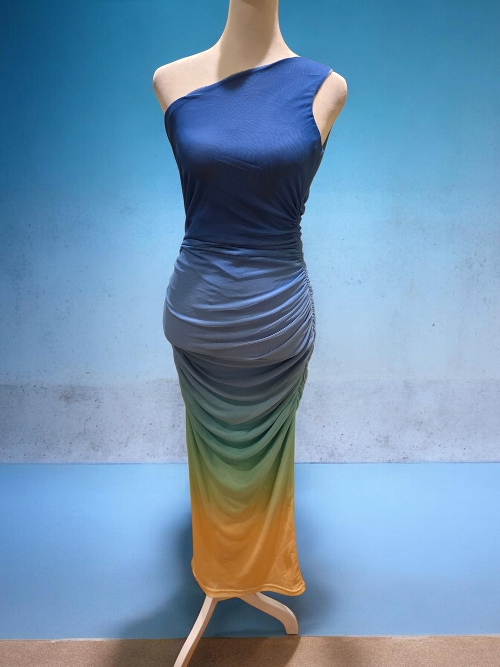 One-Shoulder Ombre Maxi Dress in Blue to Yellow - Picture 2 of 5